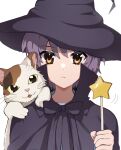  1girl animal animal_on_shoulder bangs black_cape blue_sailor_collar bow brown_eyes calico cape cat cat_on_shoulder closed_mouth commentary_request expressionless eyebrows_visible_through_hair hair_between_eyes hat highres holding holding_wand looking_at_viewer nagato_yuki purple_hair sailor_collar shamisen_(suzumiya_haruhi) short_hair simple_background solo star_(symbol) suzumiya_haruhi_no_yuuutsu u_ik95 wand white_background witch_hat 