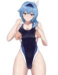  1girl bare_shoulders blue_hair blush breast_grab breasts cleavage competition_swimsuit eula_lawrence genshin_impact grabbing grabbing_from_behind groping hairband half-closed_eyes highleg highres one-piece_swimsuit simple_background solo_focus standing swimsuit waaaa wet white_background yellow_eyes 