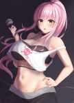  1girl absurdres bare_shoulders blush breasts cleavage earrings highres holding holding_microphone hololive hololive_english jewelry large_breasts long_hair looking_at_viewer microphone minori_(user_eket5233) mori_calliope navel official_alternate_costume pink_eyes ponytail solo virtual_youtuber 