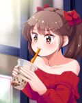  +_+ 1girl absurdres alternate_costume bare_shoulders bow brown_hair bubble_tea collarbone cup disposable_cup drinking drinking_straw hair_bow highres kantai_collection off-shoulder_sweater off_shoulder red_eyes ryuujou_(kancolle) solo suzune_kou sweater twintails upper_body 