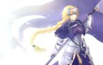  1girl blonde_hair blue_eyes braid braided_ponytail breasts chain fate/apocrypha fate/grand_order fate_(series) flag holding holding_flag hoshi_rasuku jeanne_d&#039;arc_(fate) jeanne_d&#039;arc_(fate)_(all) light long_hair looking_at_viewer open_mouth simple_background smile solo standing sword thighhighs weapon white_background 