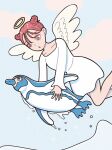  1girl angel angel_wings bangs bird brown_eyes brown_hair cloud double_bun dress feathered_wings feet_out_of_frame flying halo highres hoppe_illust long_sleeves original parted_lips penguin solo water water_drop white_dress white_wings wings 