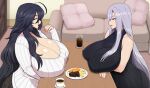  2girls ahoge bare_shoulders blurry blurry_background breasts breasts_on_table cleavage closed_eyes cup drinking_straw from_side gigantic_breasts highres huge_breasts jewelry long_hair long_sleeves mature_female multiple_girls open_mouth original otogi_tetsurou plate ring sitting sleeveless table talking wedding_ring 