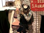 2girls assault_rifle bare_shoulders blonde_hair blue_eyes blush_stickers camouflage camouflage_jacket camouflage_pants check_commentary collarbone commentary_request finnish_army finnish_flag gloves gun helmet jacket military military_uniform multiple_girls navel original pants partial_commentary rifle rk62 scope shibafu_(glock23) short_hair smile soldier sports_bra tactical_clothes underwear uniform v vihta weapon 
