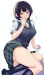  1girl :o absurdres asaka_karin bangs black_hair black_legwear blue_eyes blush breasts collared_shirt commentary eyebrows_visible_through_hair green_shirt green_skirt highres kneehighs large_breasts love_live! love_live!_nijigasaki_high_school_idol_club lying medium_hair miniskirt nijigasaki_academy_uniform on_side open_mouth school_uniform shirt short_sleeves simple_background skirt socks solo thighs translated uniform white_background yamasonson 