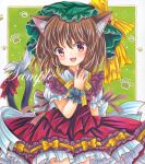  1girl :d \||/ animal_ear_fluff animal_ears blush brown_hair cat_ears cat_tail chen cowboy_shot dress gold_trim hat looking_at_viewer marker_(medium) medium_hair mob_cap multiple_tails nekomata open_mouth paw_print paw_print_background red_dress red_eyes rui_(sugar3) sample simple_background smile solo tail touhou traditional_media two_tails wrist_cuffs 