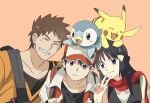  1girl 2boys backpack bag baseball_cap black_eyes black_hair brock_(pokemon) brown_hair closed_eyes dawn_(pokemon) expressionless gen_1_pokemon gen_4_pokemon grey_eyes grin hair_ornament hairclip hat long_hair multiple_boys on_head pikachu piplup pokemon pokemon_(anime) pokemon_(creature) pokemon_(game) pokemon_dppt pokemon_dppt_(anime) pokemon_hgss pokemon_on_head pokemon_rgby red_(pokemon) red_scarf scarf short_hair smile starter_pokemon taoru_(t_kiji) v 