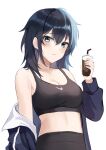  1girl absurdres bangs bare_shoulders black_hair black_jacket black_pants black_sports_bra blue_eyes blush breasts cleavage crossed_bangs drink eyebrows_visible_through_hair highres holding holding_drink huge_filesize jacket kyo_(maae00) logo long_sleeves looking_at_viewer medium_breasts medium_hair nike off_shoulder original pants parted_lips simple_background solo sports_bra upper_body white_background yokoyama_ishimi 