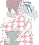  2girls 66ta1yak1 age_difference bangs bare_shoulders blue_hair blunt_bangs blush checkered checkered_kimono closed_eyes eyebrows_visible_through_hair highres hoshikawa_lily implied_sex japanese_clothes kimono multiple_girls off-shoulder_kimono red_hair short_hair simple_background socks sweat twintails white_background yuri yuugiri_(zombie_land_saga) zombie_land_saga 