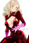  1girl blonde_hair blue_eyes blush bodysuit breasts breasts_apart cowboy_shot full-length_zipper gloves head_tilt highres long_hair looking_at_viewer medium_breasts persona persona_5 pink_gloves pink_lips red_bodysuit sitting takamaki_anne twintails twitter_username underboob unzipping white_background zipper 