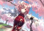  1girl bandaged_arm bandages bangs blue_sky breasts bun_cover cherry_blossoms chinese_clothes closed_mouth cuffs double_bun flower highres ibaraki_kasen large_breasts looking_at_viewer outdoors outstretched_arms pink_hair red_eyes red_flower red_rose rose shackles shirt short_hair short_sleeves shukusuri sky smile solo spread_arms tabard touhou upper_body white_shirt 