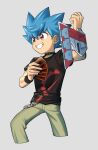  1boy bangs black_wristband blue_hair card chain choker clenched_hand commentary_request duel_disk green_pants grin hair_between_eyes holding holding_card kamijou_tatsuhisa koma_yoichi male_focus pants red_eyes shirt short_hair short_sleeves smile solo spiked_hair t-shirt wristband yu-gi-oh! yu-gi-oh!_sevens 