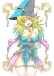  1girl aikosu_(icos) bangs bare_shoulders blonde_hair breasts cleavage cowboy_shot dark_magician_girl duel_monster hat large_breasts long_hair open_mouth smile solo white_background wizard_hat yu-gi-oh! yu-gi-oh!_duel_monsters 
