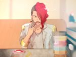  1boy asymmetrical_hair blurry blurry_background ear_piercing eating food gridman_universe hair_over_one_eye indoors jewelry looking_at_viewer male_focus necklace onija piercing red_eyes red_hair ring sako_(oyatutabero) sitting ssss.dynazenon sushi uniform 