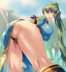  1girl ass bangs bent_over black_panties blue_dress blush breasts dress eyebrows_visible_through_hair fire_emblem fire_emblem:_the_blazing_blade from_behind green_eyes green_hair hair_behind_ear kneehighs kneepits large_breasts legs looking_back lyn_(fire_emblem) open_mouth panties ponytail sajittari short_sleeves sketch solo thighs tree underwear 