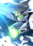  after_war_gundam_x glowing glowing_eyes green_eyes gundam gundam_x highres kuri_giepi mecha mobile_suit no_humans science_fiction shoulder_cannon solo upper_body v-fin 