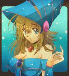  1girl aikosu_(icos) aqua_background aqua_eyes bare_shoulders breasts cleavage dark_magician_girl duel_monster eyebrows_visible_through_hair gradient gradient_background hair_between_eyes hand_up hat large_breasts looking_at_viewer parted_lips shadow solo upper_body wizard_hat yu-gi-oh! yu-gi-oh!_duel_monsters 