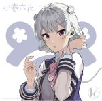  1girl :o blazer blue_jacket bow bowtie cable cevio character_name cherry_blossoms commentary double_bun earphones grey_hair grey_shirt hair_ornament hairclip hand_in_hair hand_up jacket koharu_rikka logo looking_at_viewer official_art open_mouth pink_neckwear purple_eyes school_uniform shirt short_hair solo synthesizer_v teshima_nari white_background 