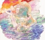  closed_mouth from_side gen_7_pokemon no_humans oharu-chan outdoors partially_submerged pokemon pokemon_(creature) primarina sky smile sparkle traditional_media twilight water watercolor_(medium) 