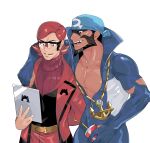  2boys anchor_necklace archie_(pokemon) arm_behind_back beard belt black_eyes blue_bandana brown_hair commentary_request cup disposable_cup drinking_straw facial_hair glasses green_(grimy) highres holding male_cleavage male_focus maxie_(pokemon) multiple_boys open_mouth pectorals pokemon pokemon_(game) pokemon_oras red_hair smile sweater team_aqua team_magma teeth tongue turtleneck turtleneck_sweater wetsuit yellow_belt 