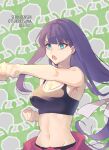  1girl blue_eyes breasts clenched_hands fate/grand_order fate_(series) flexing highres long_hair martha_(fate) midriff navel num_(zombie_headline) pose purple_hair sports_bra training 