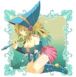  1girl aikosu_(icos) aqua_eyes bare_shoulders blonde_hair blue_footwear blue_headwear boots breasts cleavage dark_magician_girl duel_monster eyebrows_visible_through_hair full_body gradient gradient_background hat holding holding_wand kneeling large_breasts long_hair looking_at_viewer solo wand wizard_hat yu-gi-oh! yu-gi-oh!_duel_monsters 