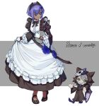  1girl absurdres alternate_costume apron badge black_dress blush character_name commentary_request dark-skinned_female dark_skin dress enmaided f.k_(hs225kr) fate/grand_carnival fate/grand_order fate/prototype fate/prototype:_fragments_of_blue_and_silver fate_(series) flower frilled_apron frilled_dress frills full_body gloves hair_flower hair_ornament hassan_of_serenity_(fate) highres maid maid_apron mysterious_neko_v puffy_sleeves purple_eyes purple_hair solo white_apron white_gloves 