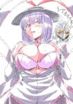  1girl bangs black_headwear blush bra breasts cleavage commentary_request hands_on_own_chest hat kamen_rider kamen_rider_ixa large_breasts looking_at_viewer nagae_iku open_clothes open_mouth open_shirt purple_hair red_eyes shirt short_hair sweat teeth touhou tukiwani underwear upper_body white_background white_shirt 