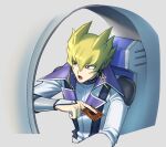  1boy bangs blonde_hair buttons card commentary_request hair_between_eyes hand_up holding holding_card jack_atlas koma_yoichi lower_teeth male_focus open_mouth purple_eyes shiny shiny_hair sideways_glance solo spiked_hair tongue upper_body yu-gi-oh! yu-gi-oh!_5d&#039;s 