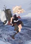  1girl black_legwear black_ribbon black_serafuku black_skirt blonde_hair brown_footwear eyebrows_visible_through_hair fingerless_gloves gloves hair_flaps hair_ornament hair_ribbon hairclip highres kantai_collection kneehighs loafers long_hair looking_at_viewer machinery ocean pleated_skirt red_eyes red_neckwear remodel_(kantai_collection) ribbon rigging scarf school_uniform serafuku shoes skirt solo torpedo_launcher torpedo_tubes turret white_scarf yamaioni_(sasakama) yuudachi_(kancolle) 