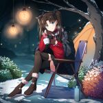  1girl absurdres anger_origin black_hair blush camping commentary_request crossed_legs cup fate/stay_night fate_(series) highres korean_commentary long_hair looking_at_viewer sitting smile snow solo tent thighhighs tohsaka_rin tree twintails winter winter_clothes 