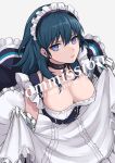 1girl absurdres apron apron_hold azur_lane bangs banned_artist belfast_(azur_lane) belfast_(azur_lane)_(cosplay) black_choker blue_eyes blue_hair breasts byleth_(fire_emblem) byleth_(fire_emblem)_(female) chain choker cleavage commentary cosplay dress fire_emblem fire_emblem:_three_houses gloves grey_background hair_between_eyes highres large_breasts long_hair looking_at_viewer low_neckline maid maid_apron maid_headdress shimizu_akina simple_background solo white_apron white_gloves 