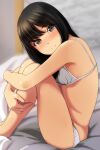  1girl absurdres bangs bare_arms bare_legs bare_shoulders barefoot bikini black_hair blurry blurry_background blush breasts brown_eyes closed_mouth depth_of_field eyebrows_visible_through_hair from_side head_tilt highres knees_up leg_hug looking_at_viewer looking_to_the_side matsunaga_kouyou nose_blush original sitting small_breasts smile solo swimsuit white_bikini 