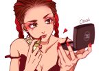  1girl apex_legends applying_makeup artist_name bare_shoulders black_tank_top breasts brown_hair cleavage collarbone cosmetics eyelashes eyeshadow fingernails forehead gradient gradient_background hair_behind_ear hand_mirror highres holding holding_lipstick_tube holding_mirror lipstick lipstick_tube loba_(apex_legends) long_fingernails long_hair looking_at_mirror makeup mascara medium_breasts mirror nail_polish osushimax parted_lips red_eyeshadow red_hair red_lips red_lipstick_tube red_nails shoulder_tattoo simple_background solo strap_slip tank_top tattoo twintails upper_body white_background yellow_eyes 