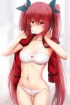  1girl arms_up ass_visible_through_thighs blush bra collarbone date_a_live eyebrows_visible_through_hair ginhaha hair_between_eyes highres itsuka_kotori jacket jacket_on_shoulders long_hair mouth_hold navel panties red_eyes red_hair red_jacket sidelocks simple_background solo stomach strapless strapless_bra twintails underwear white_background white_bra white_panties 