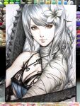  1girl bandaged_arm bandaged_neck bandages braid breasts brown_eyes flower hair_flower hair_ornament highres holding holding_weapon kaine_(nier) large_breasts long_hair marker_(medium) nier nier_(series) nier_(young) photo_(medium) revealing_clothes silver_hair stanley_lau traditional_media weapon 