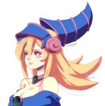  1girl bare_shoulders blonde_hair blue_headwear blush_stickers breasts cleavage dark_magician_girl duel_monster hair_between_eyes hat highres long_hair shadow signature simple_background smile solo white_background wizard_hat yogasiem yu-gi-oh! yu-gi-oh!_duel_monsters 