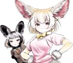  2girls :3 akegata_tobari animal_ears bat-eared_fox_(kemono_friends) black_gloves black_hair black_neckwear blonde_hair blush bow bowtie brown_eyes brown_jacket commentary_request elbow_gloves eyebrows_visible_through_hair fennec_(kemono_friends) fox_ears fox_girl fur_trim gloves grey_hair hands_on_hips highres jacket kemono_friends long_sleeves looking_at_viewer multicolored_hair multiple_girls orange_shirt pink_sweater puffy_sleeves shirt short_hair smug sweater two-tone_hair white_fur white_hair yellow_gloves yellow_neckwear 