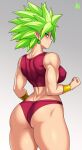 1girl absurdres aqua_eyes artist_name ass back breasts clenched_hand closed_mouth dragon_ball dragon_ball_super earrings from_behind green_hair grey_background highres jewelry jmg kefla_(dragon_ball) large_breasts looking_back midriff muscular muscular_female potara_earrings simple_background skin_tight solo spiked_hair super_saiyan tank_top 