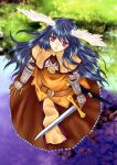  1girl bangs belt blue_hair brown_capelet brown_dress capelet chest_guard commentary_request dress eyebrows_visible_through_hair feathered_wings floral_print frilled_dress frills full_body gauntlets hair_between_eyes hasu_murasaki head_wings highres holding holding_sword holding_weapon long_hair looking_at_viewer parted_lips ragnarok_online red_eyes rose_print solo sword swordsman_(ragnarok_online) weapon white_wings wings 