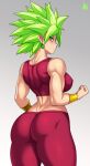  1girl absurdres aqua_eyes artist_name ass back breasts clenched_hand closed_mouth dragon_ball dragon_ball_super earrings from_behind green_hair grey_background highres jewelry jmg kefla_(dragon_ball) large_breasts looking_back midriff muscular muscular_female pants potara_earrings red_pants simple_background skin_tight solo spiked_hair super_saiyan tank_top 