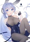  1girl :p animal_ears ariko_(aaaaarik) arm_strap artist_name azur_lane bangs bare_shoulders blue_eyes blue_hair blue_nails blush bodysuit breasts bunny_ears cleavage coattails commentary covered_collarbone covered_navel cowboy_shot eyebrows_visible_through_hair hair_between_eyes hand_up headgear knee_up large_breasts leotard long_hair looking_at_viewer nail new_jersey_(azur_lane) new_jersey_(exhilarating_steps!)_(azur_lane) official_alternate_costume pantyhose playboy_bunny playboy_bunny_leotard sidelocks simple_background smile solo tongue tongue_out very_long_hair white_background wrist_cuffs 