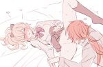  1boy 1girl bangs bed bed_sheet black_legwear blonde_hair blue_eyes blush bow bowtie breasts clothes_lift cunnilingus diluc_ragnvindr genshin_impact hair_bow heart hetero jean_gunnhildr kneehighs leg_lift leg_up long_sleeves lying medium_breasts nipples on_back open_clothes open_mouth open_shirt oral ponytail red_hair rome_romedo shirt sidelocks sketch skirt skirt_lift sweat thighs twitching white_background 