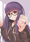  1girl absurdres alternate_hairstyle brown_eyes cup disposable_cup drinking_straw eyebrows_visible_through_hair file112056 glasses grin hair_down highres holding hood hoodie long_hair oogaki_chiaki purple_hair simple_background smile solo upper_body yurucamp 