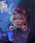  1girl 777_qiqiuzhe cabbie_hat cracked_wall crying crying_with_eyes_open feathers genshin_impact gloves hat klee_(genshin_impact) long_sleeves looking_at_viewer open_mouth pointy_ears poster_(object) sad short_twintails solo tears trash_bag trash_can twintails 