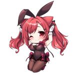  1girl ;3 absurdres animal_ears armpits arms_up azur_lane bangs bare_shoulders black_bow black_leotard blush bow breasts bunny_ears bunny_pose cat_ears chibi cleavage closed_mouth commentary_request covered_navel eyebrows_visible_through_hair fake_animal_ears frills full_body gloves hair_bow hair_intakes hair_ornament hairclip highres i-19_(azur_lane) i-19_(blossoming_bunny)_(azur_lane) kinomiki_(tales22) large_breasts leotard long_hair looking_at_viewer one_eye_closed pantyhose playboy_bunny playboy_bunny_leotard purple_bow red_eyes red_hair ribbon sidelocks smile solo strapless strapless_leotard thigh_strap transparent_background twintails white_gloves wrist_ribbon x_hair_ornament 