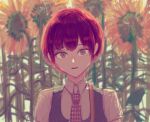  1girl bangs blurry brown_eyes closed_mouth collared_shirt commentary_request danganronpa_(series) danganronpa_2:_goodbye_despair depth_of_field dress eyebrows_visible_through_hair flower freckles green_dress koizumi_mahiru looking_at_viewer necktie pinafore_dress plaid_neckwear portrait red_hair shirt short_hair smile solo sunflower wa_no_(shihashino) white_shirt 