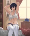  1girl armpits arms_behind_head bandaid bandaid_on_face black_hair breasts fang hunyan midriff on_bed one_eye_closed original room short_hair short_shorts shorts sitting solo tank_top thighhighs underboob white_legwear 