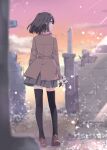  1girl absurdres black_hair black_legwear blurry blurry_background facing_away flower headphones headphones_around_neck highres holding holding_flower jacket looking_to_the_side matsuda_hikari medium_hair original outdoors ruins solo thighhighs 