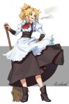  1girl absurdres alternate_costume apron ascot bangs belt black_skirt blonde_hair boots braid breasts brooch broom character_name cigarette collared_dress commentary_request cravat english_text enmaided eyebrows_visible_through_hair f.k_(hs225kr) fate/apocrypha fate_(series) french_braid frills full_body green_eyes hair_ornament hair_scrunchie hand_on_hip highres holding holding_broom jewelry juliet_sleeves long_hair long_sleeves looking_to_the_side maid medium_hair mordred_(fate) mordred_(fate)_(all) open_mouth ponytail puffy_sleeves red_scrunchie scrunchie skirt small_breasts smile smoke smoking solo standing white_background 